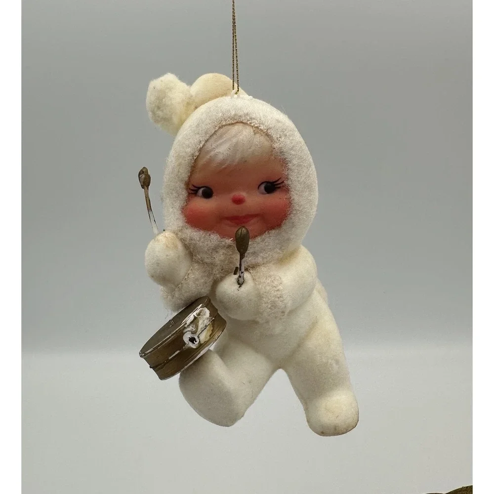 Vintage White Flocked Bare‎ Bottom Snow Angel Baby Kurt Adler Ornament Drummer